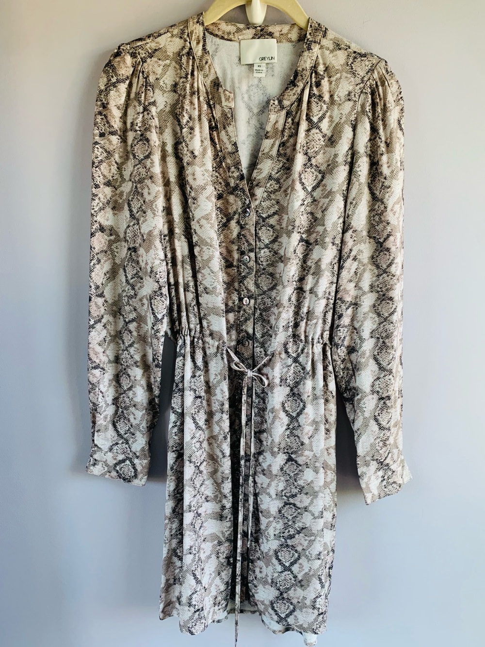 Greylin Dress Tan Cream Animal Print Button Front Cinch Waist Business Casual XS